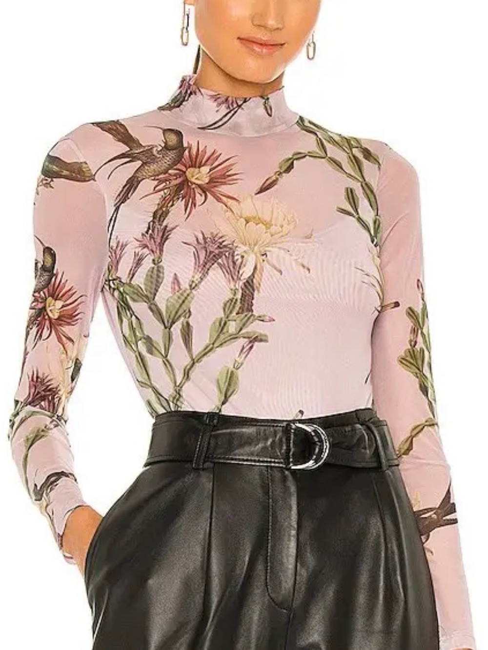 AllSaints Pink Sheer Floral & Bird Mock Neck Long Sleeve Bodysuit - Picture 6 of 14